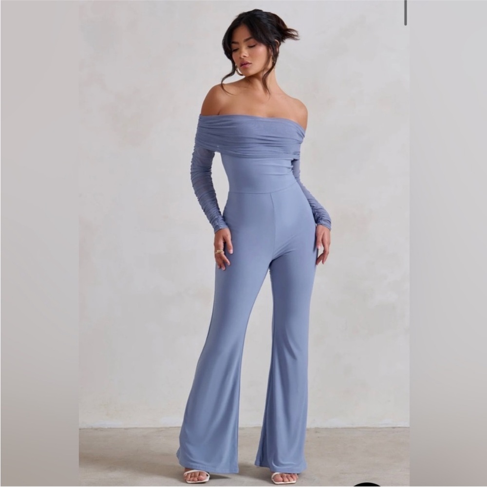 Club L London NEW Rushed Mesh Bardot Jumpsuit Black 16 Wedding Shower Holiday